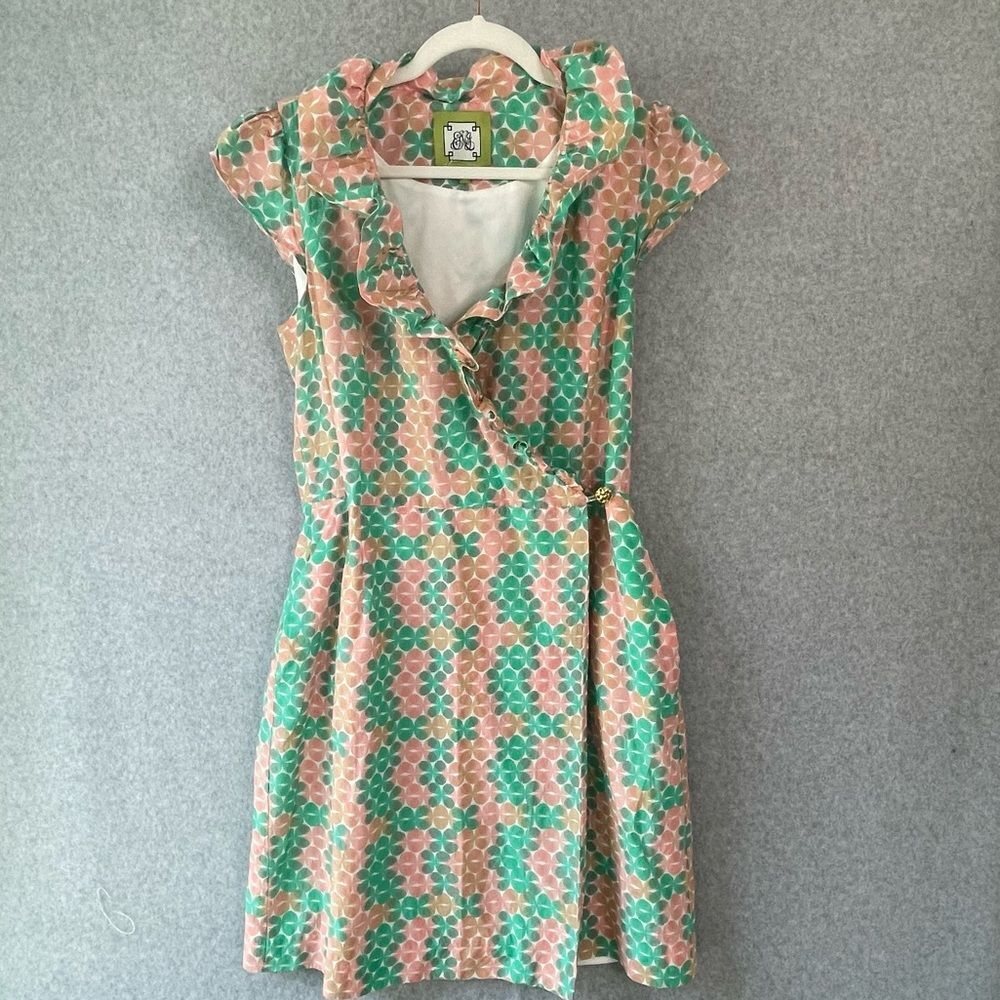 Elizabeth McKay Scotland Silk Dress Ruffle Wrap Pink Green Size 10